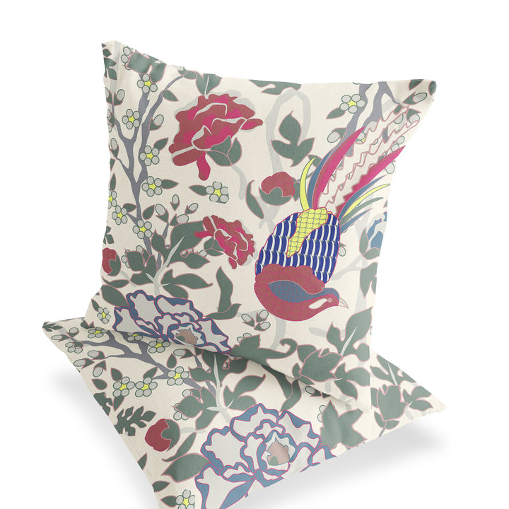 Set of Two 16" X 16" Red and White Peacock Blown Seam Floral Indoor Outdoor Throw Pillow