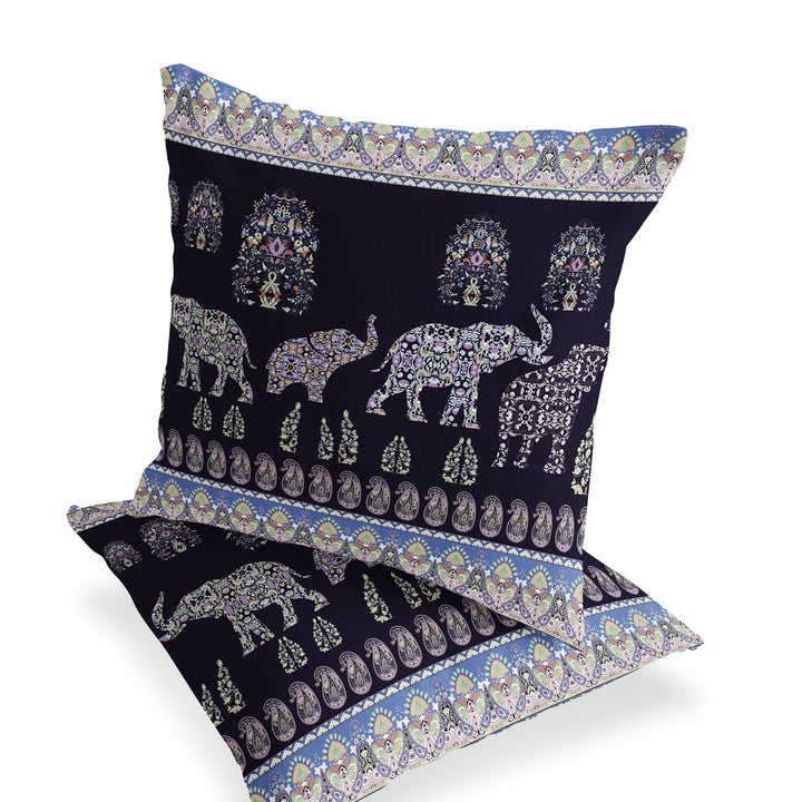 Set of Two 16" X 16" Blue and Purple Elephant Blown Seam Paisley Indoor Outdoor Throw Pillow