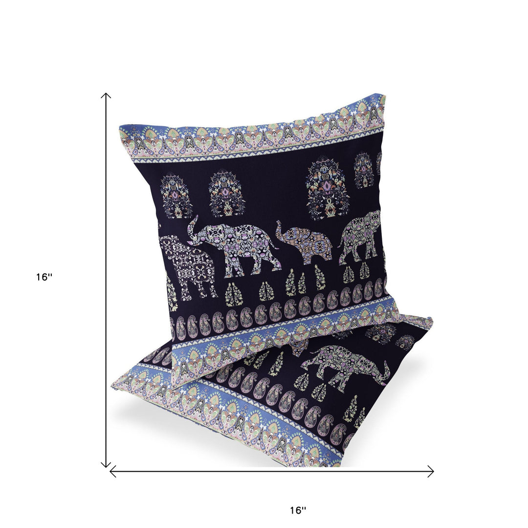 Set of Two 16" X 16" Blue and Purple Elephant Blown Seam Paisley Indoor Outdoor Throw Pillow