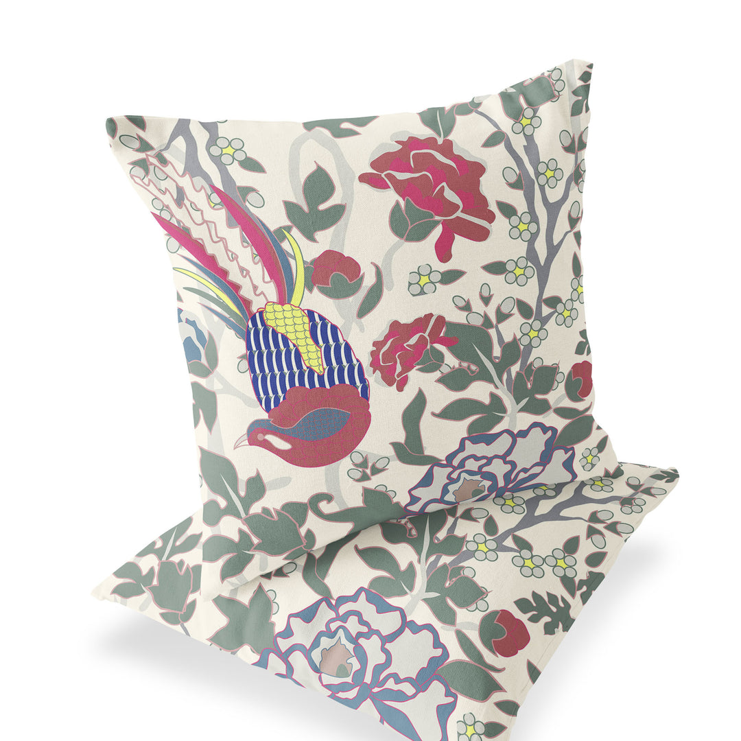 Set of Two 16" X 16" Red and White Peacock Blown Seam Floral Indoor Outdoor Throw Pillow