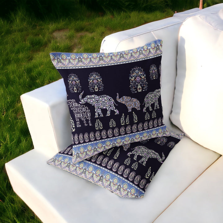 Set of Two 16" X 16" Blue and Purple Elephant Blown Seam Paisley Indoor Outdoor Throw Pillow