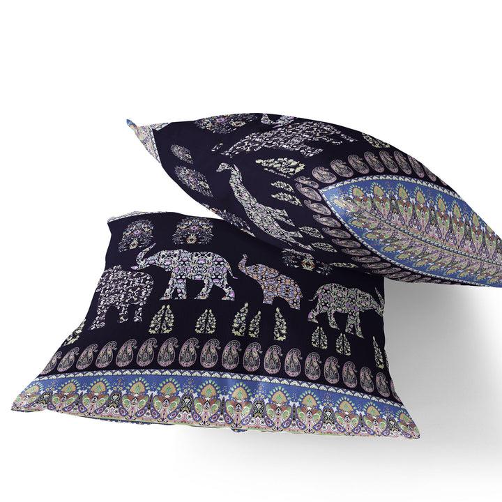 Set of Two 16" X 16" Blue and Purple Elephant Blown Seam Paisley Indoor Outdoor Throw Pillow