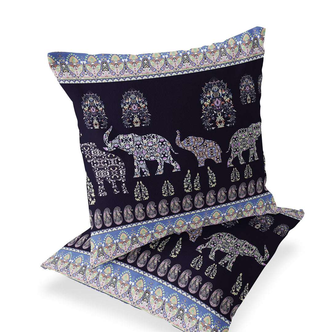 Set of Two 16" X 16" Blue and Purple Elephant Blown Seam Paisley Indoor Outdoor Throw Pillow