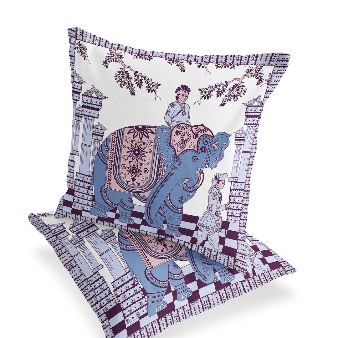 Set of Two 16" X 16" Blue and Purple Elephant Blown Seam Floral Indoor Outdoor Throw Pillow