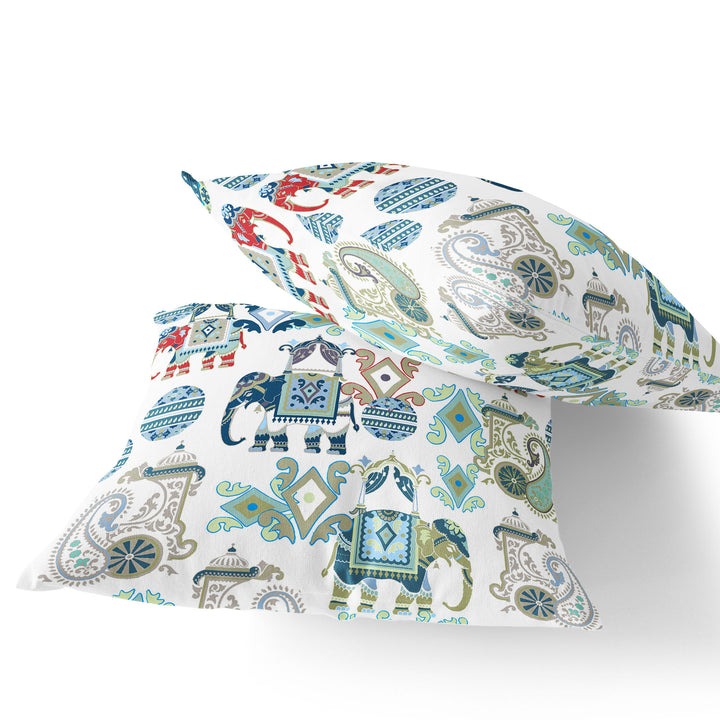 Set of Two 16" X 16" Blue and White Elephant Blown Seam Eclectic Indoor Outdoor Throw Pillow