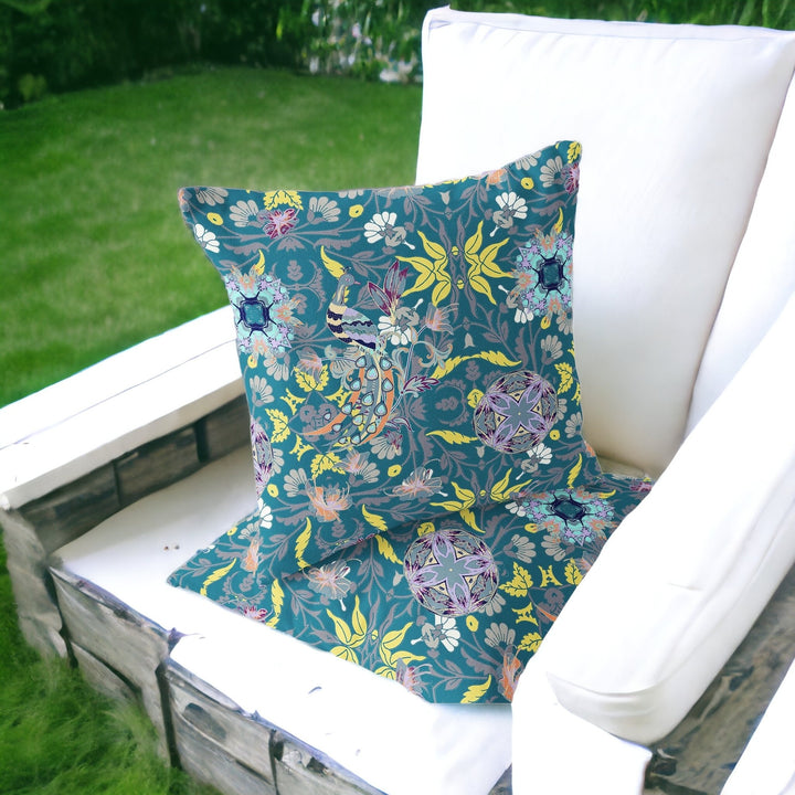 Set of Two 16" X 16" Green and Yellow Peacock Blown Seam Eclectic Indoor Outdoor Throw Pillow