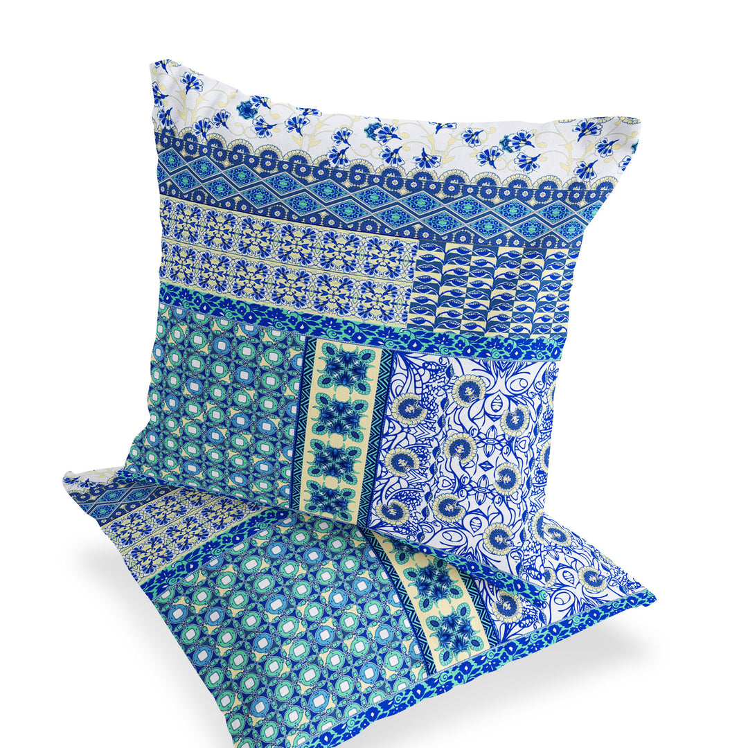 Set of Two 16" X 16" Blue and White Blown Seam Floral Indoor Outdoor Throw Pillow