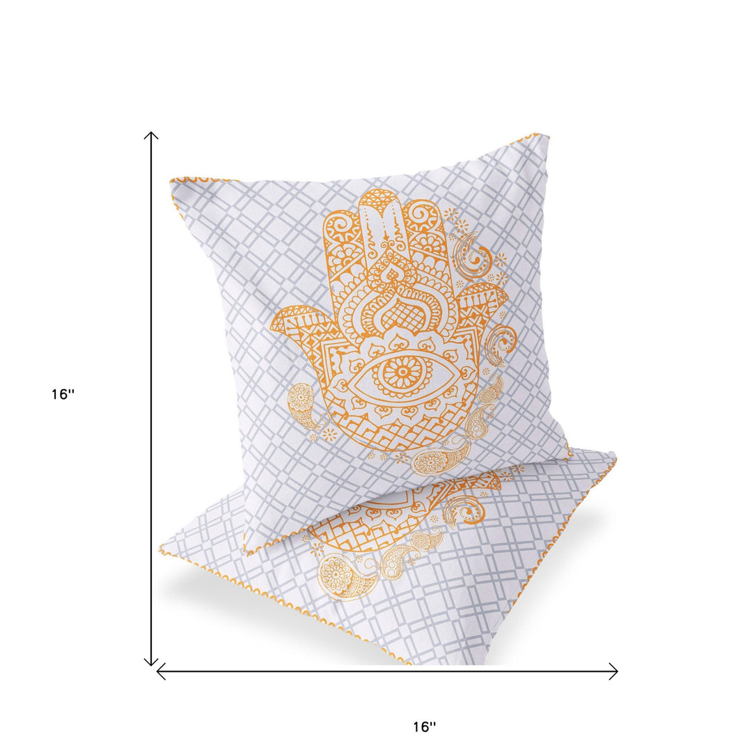 Set of Two 16" X 16" Gray and Gold Blown Seam Hamsa Indoor Outdoor Throw Pillow