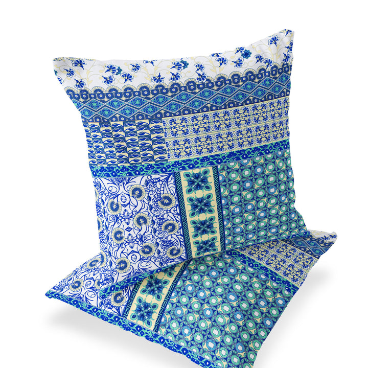 Set of Two 16" X 16" Blue and White Blown Seam Floral Indoor Outdoor Throw Pillow