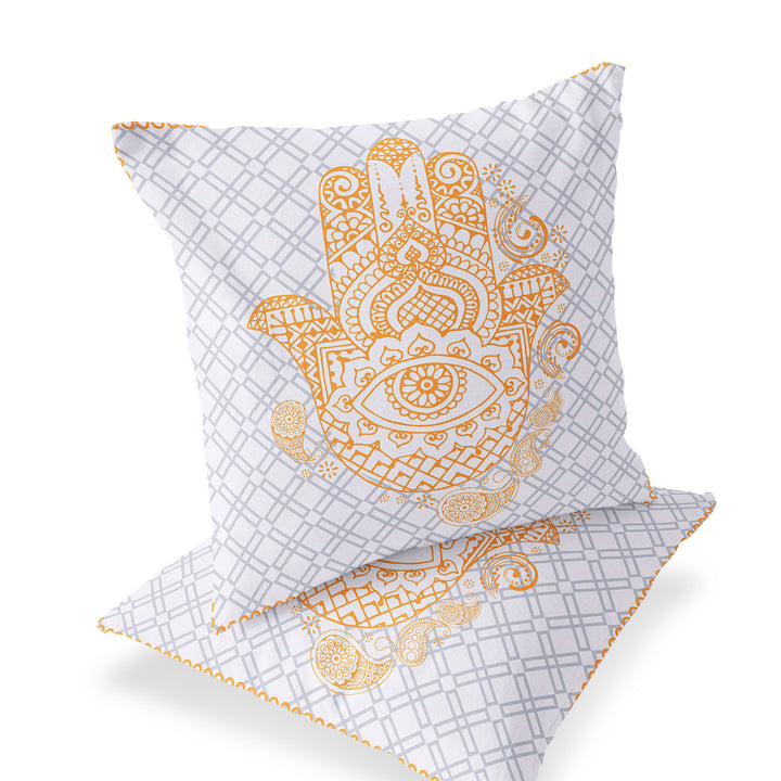 Set of Two 16" X 16" Gray and Gold Blown Seam Hamsa Indoor Outdoor Throw Pillow