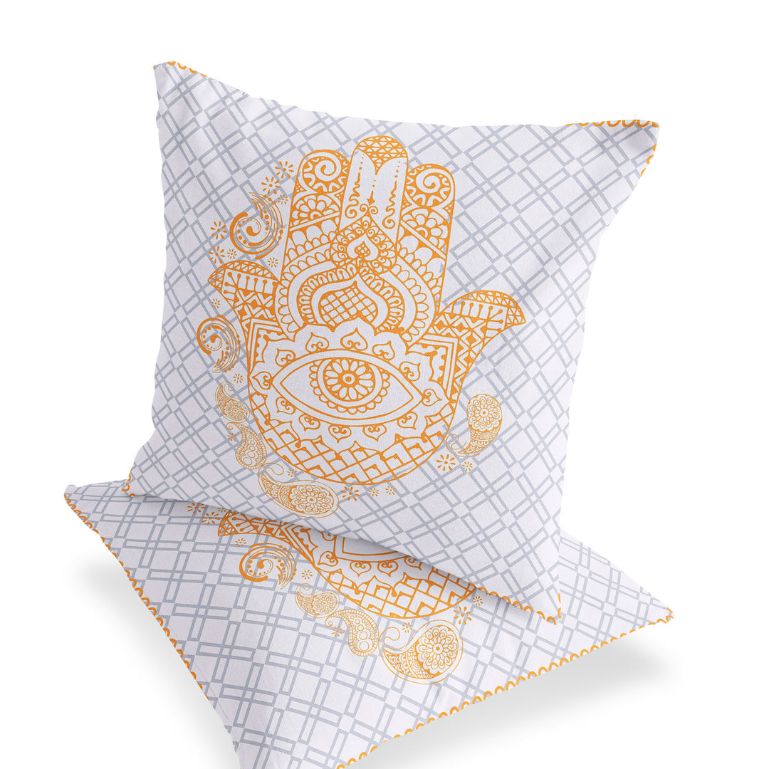 Set of Two 16" X 16" Gray and Gold Blown Seam Hamsa Indoor Outdoor Throw Pillow