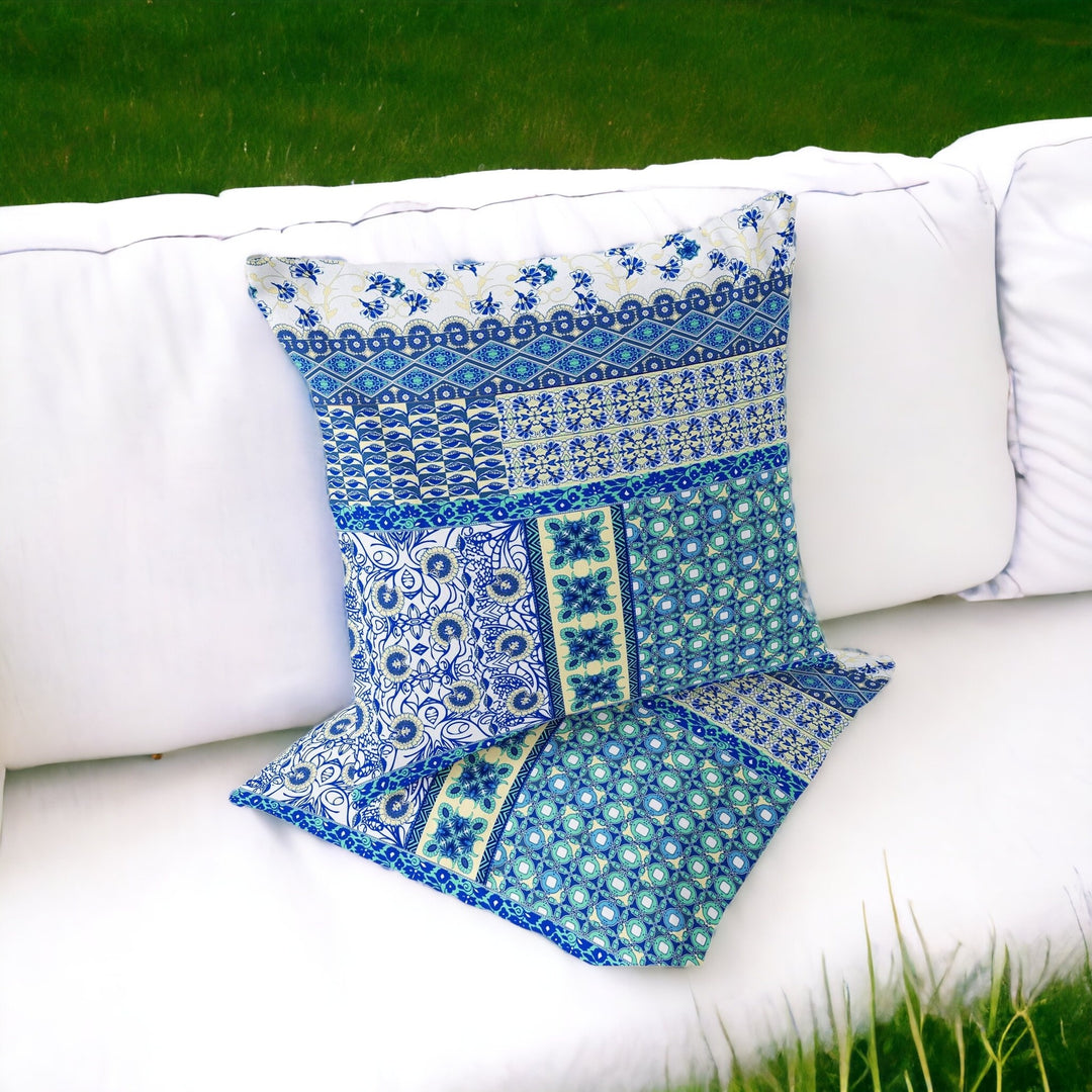 Set of Two 16" X 16" Blue and White Blown Seam Floral Indoor Outdoor Throw Pillow