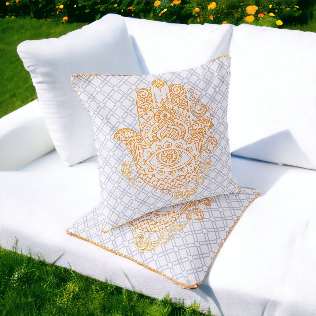 Set of Two 16" X 16" Gray and Gold Blown Seam Hamsa Indoor Outdoor Throw Pillow