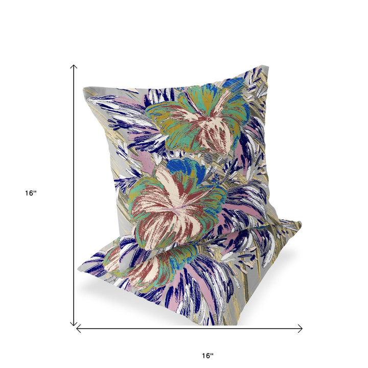 Set of Two 16" X 16" Green and White Blown Seam Floral Indoor Outdoor Throw Pillow