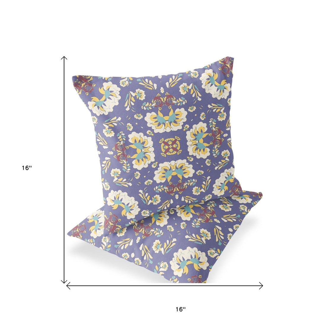 Set of Two 16" X 16" Purple and White Blown Seam Floral Indoor Outdoor Throw Pillow