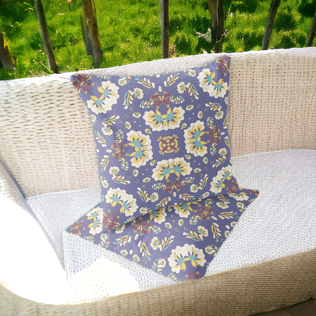 Set of Two 16" X 16" Purple and White Blown Seam Floral Indoor Outdoor Throw Pillow