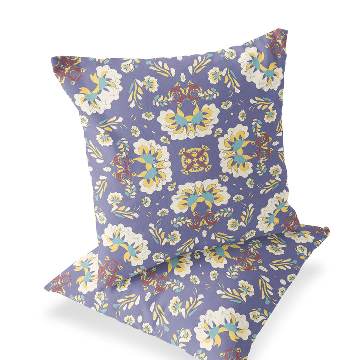 Set of Two 16" X 16" Purple and White Blown Seam Floral Indoor Outdoor Throw Pillow