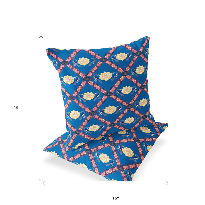 Set of Two 16" X 16" Blue and Pink Peacock Blown Seam Floral Indoor Outdoor Throw Pillow