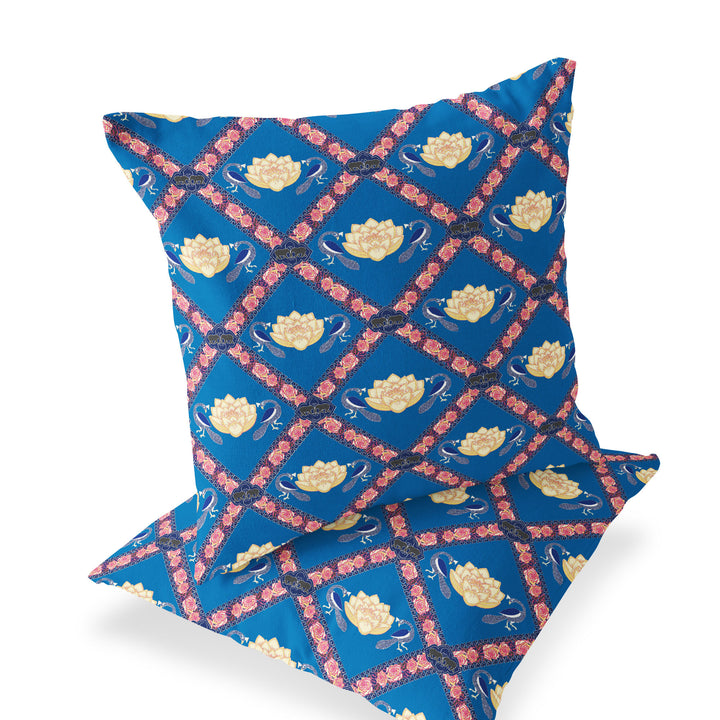 Set of Two 16" X 16" Blue and Pink Peacock Blown Seam Floral Indoor Outdoor Throw Pillow