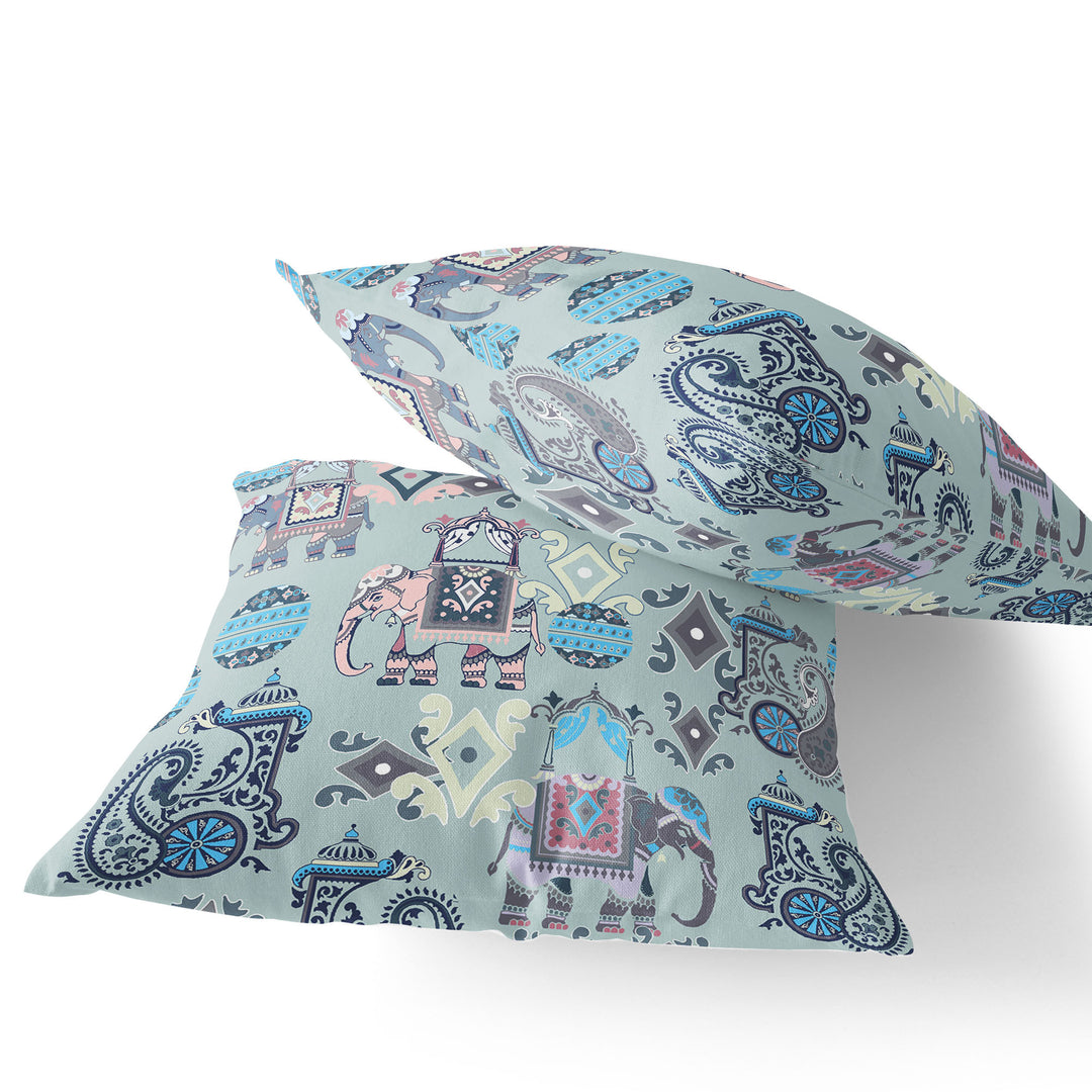 Set of Two 16" X 16" Gray and Pink Elephant Blown Seam Eclectic Indoor Outdoor Throw Pillow