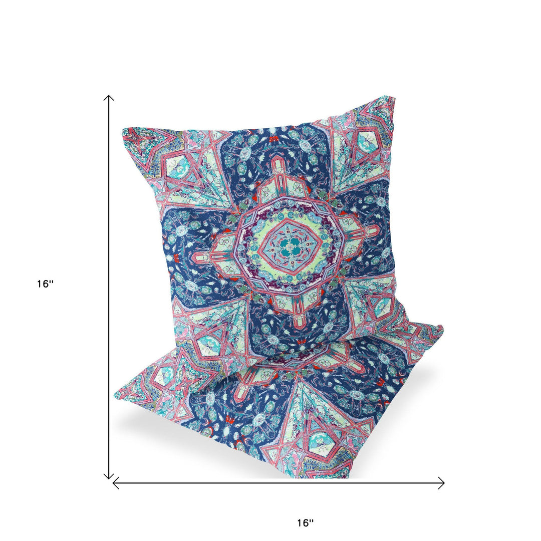 Set of Two 16" X 16" Blue and Pink Blown Seam Floral Indoor Outdoor Throw Pillow