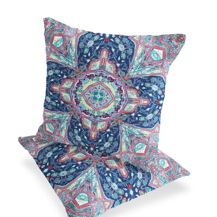 Set of Two 16" X 16" Blue and Pink Blown Seam Floral Indoor Outdoor Throw Pillow