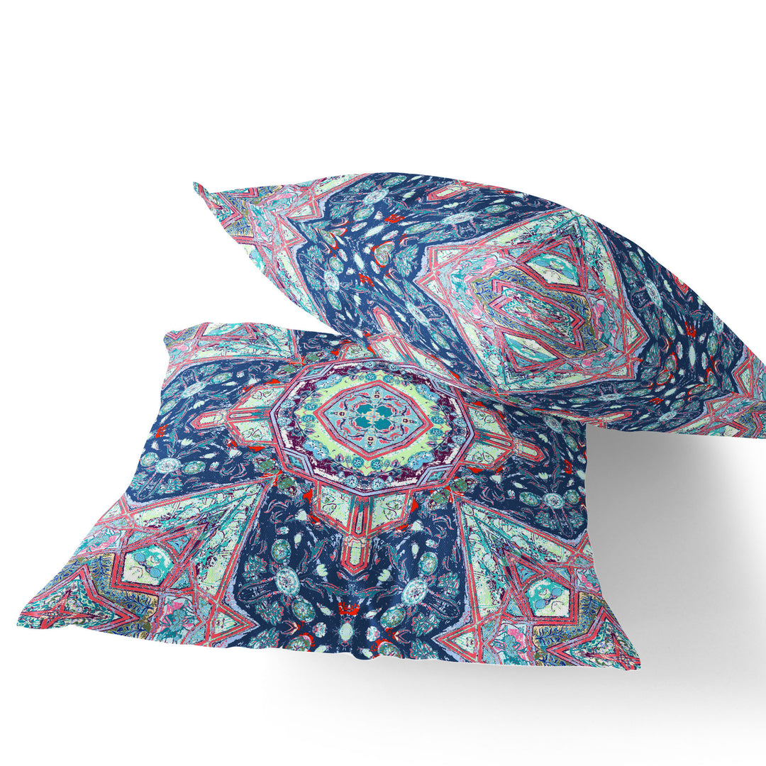 Set of Two 16" X 16" Blue and Pink Blown Seam Floral Indoor Outdoor Throw Pillow