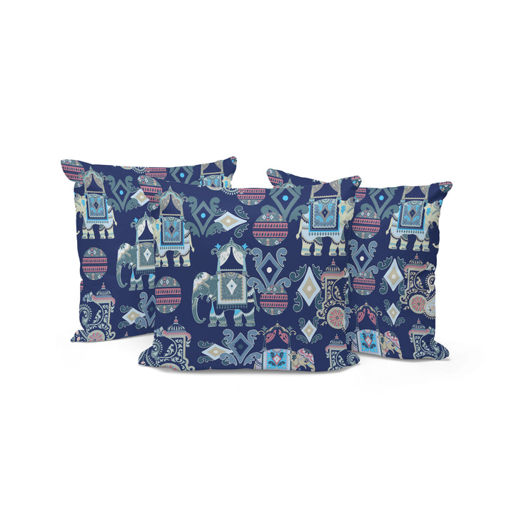 Set of Three 16" X 16" Blue and Gray Elephant Abstract Indoor Outdoor Throw Pillow