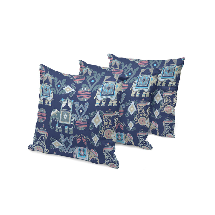 Set of Three 16" X 16" Blue and Gray Elephant Abstract Indoor Outdoor Throw Pillow