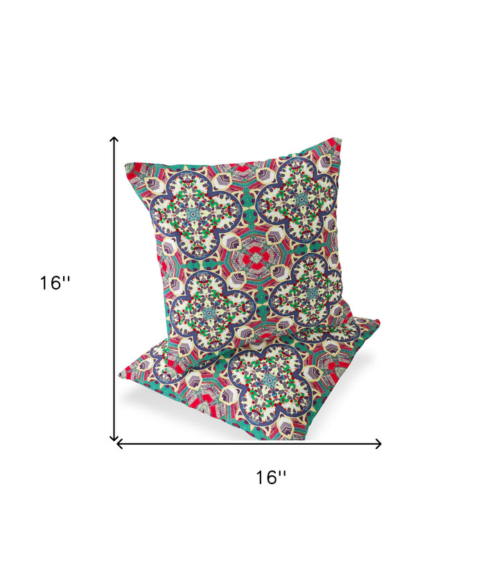 Set of Two 16" X 16" Green and Pink Blown Seam Floral Indoor Outdoor Throw Pillow