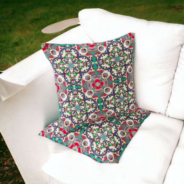 Set of Two 16" X 16" Green and Pink Blown Seam Floral Indoor Outdoor Throw Pillow