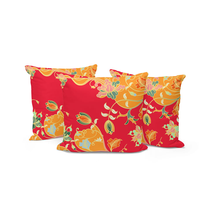 Set of Three 16" X 16" Green and Red Botanical Indoor Outdoor Throw Pillow