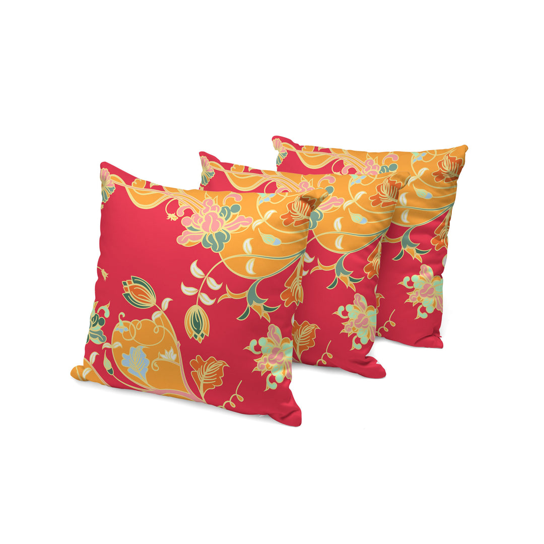 Set of Three 16" X 16" Green and Red Botanical Indoor Outdoor Throw Pillow