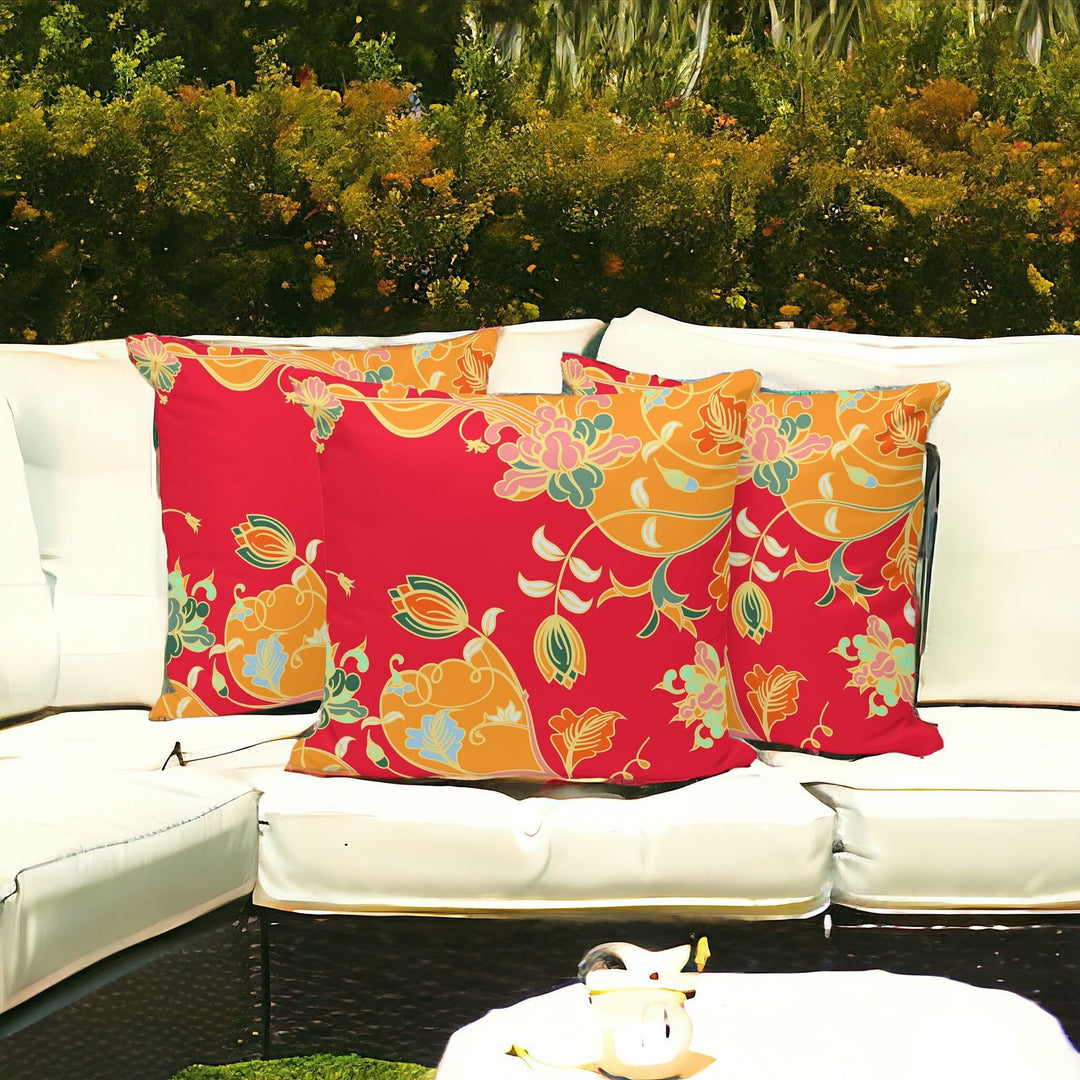 Set of Three 16" X 16" Green and Red Botanical Indoor Outdoor Throw Pillow