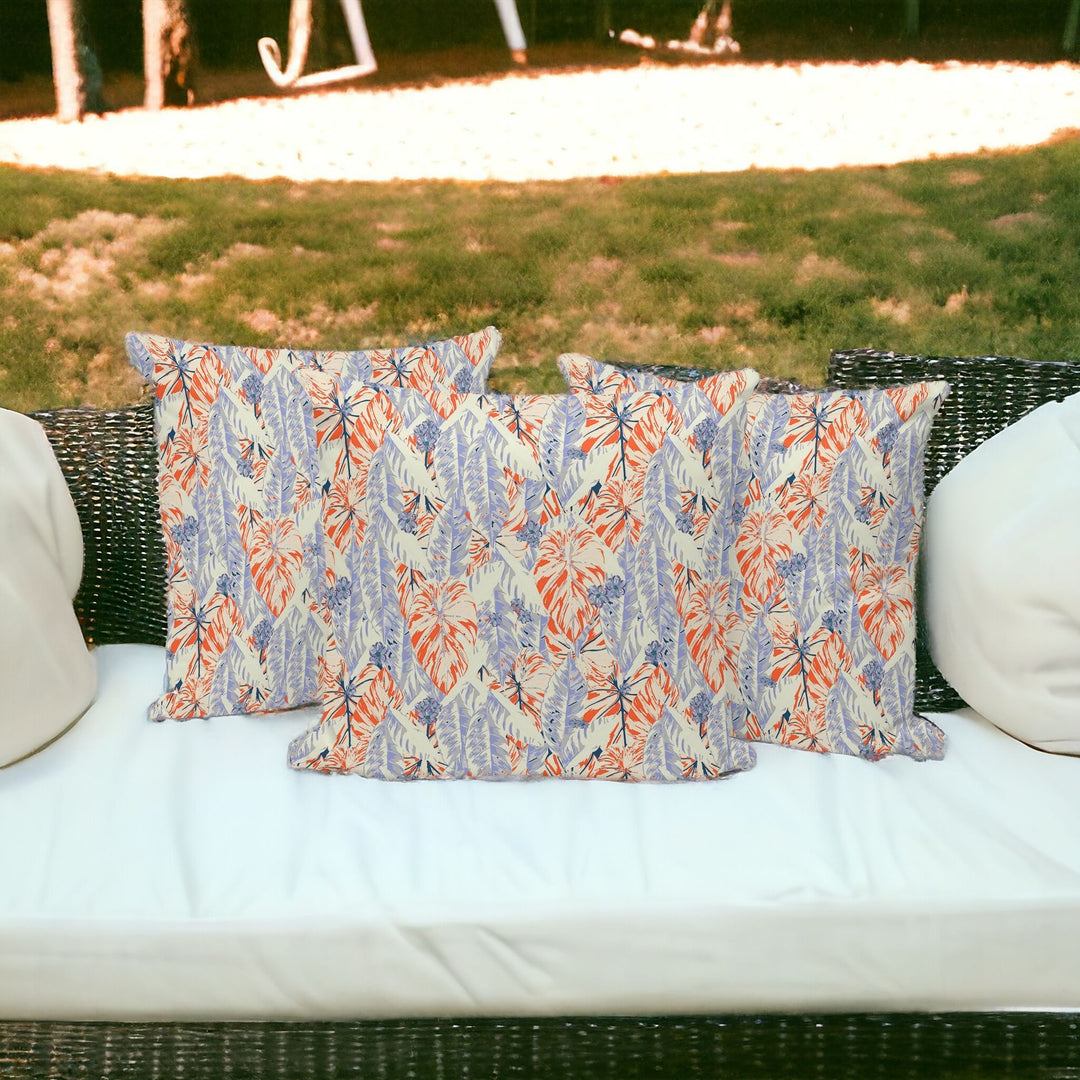 Set of Three 16" X 16" Orange and Ivory Botanical Indoor Outdoor Throw Pillow