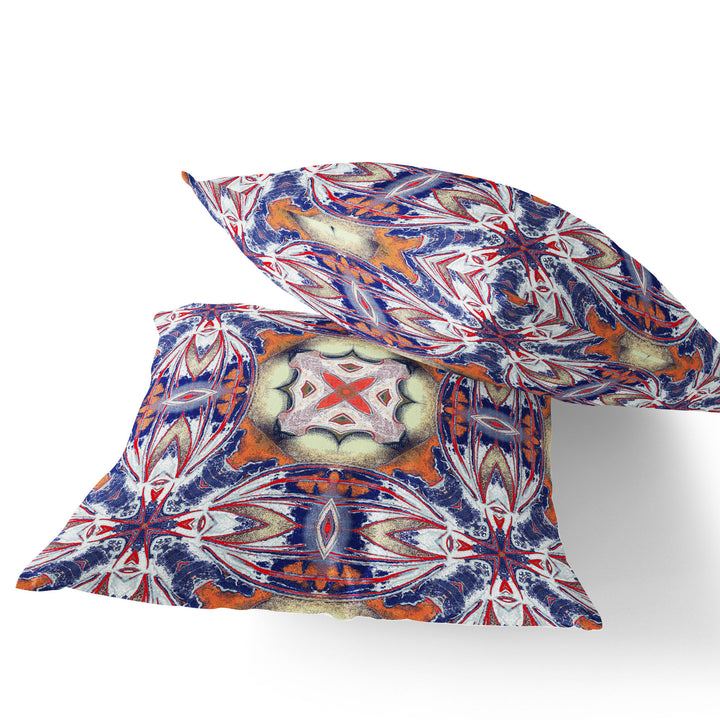 Set of Two 16" X 16" Blue and Orange Blown Seam Floral Indoor Outdoor Throw Pillow