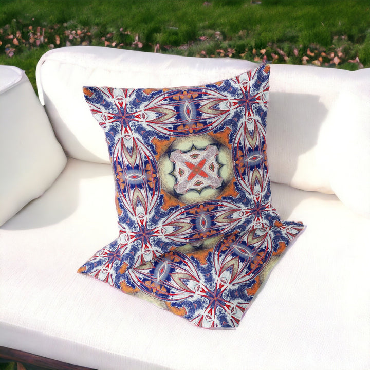 Set of Two 16" X 16" Blue and Orange Blown Seam Floral Indoor Outdoor Throw Pillow