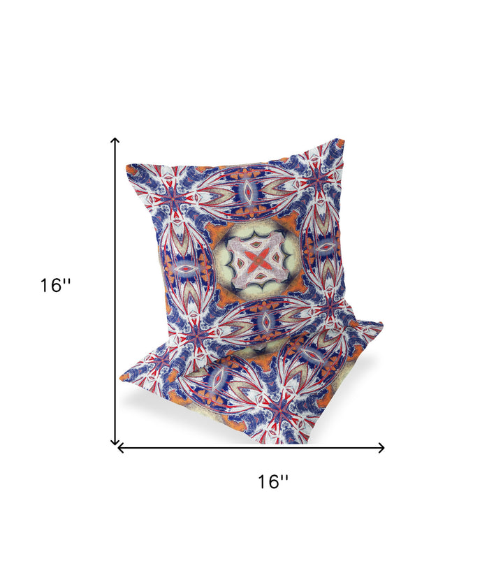 Set of Two 16" X 16" Blue and Orange Blown Seam Floral Indoor Outdoor Throw Pillow