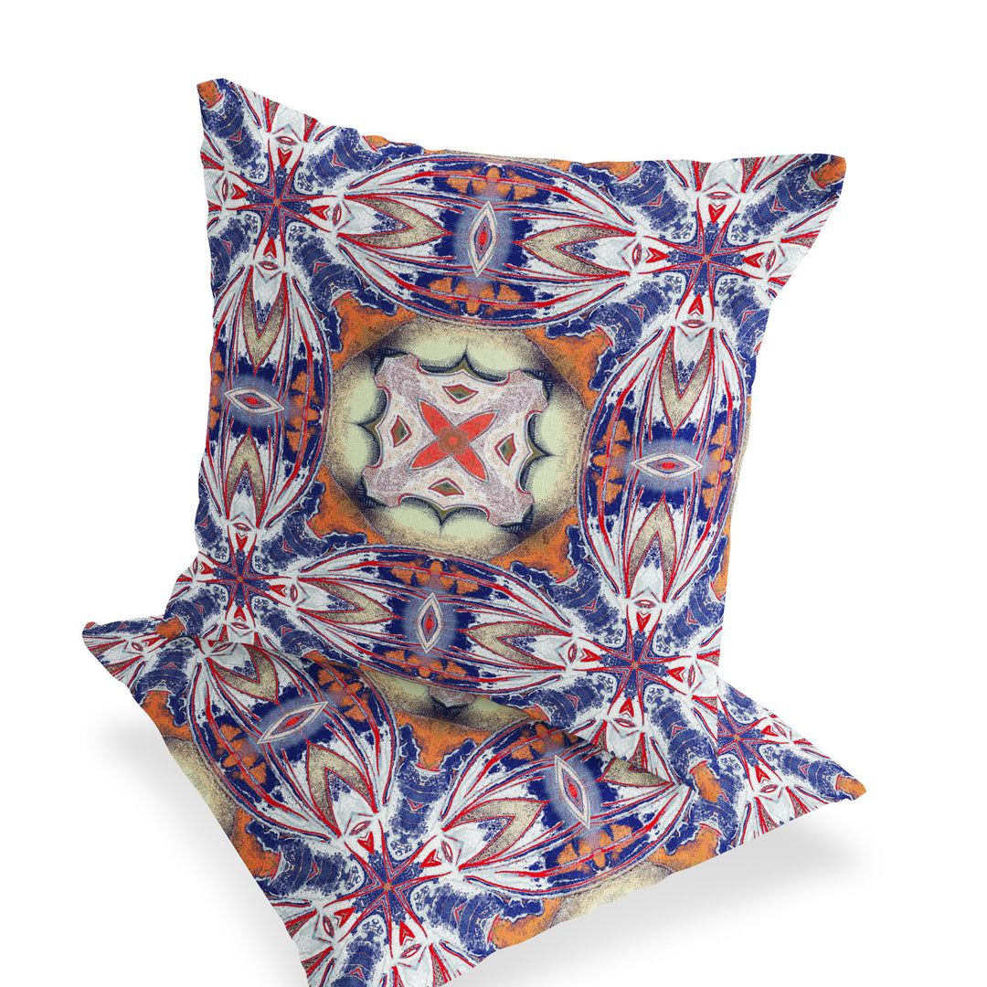 Set of Two 16" X 16" Blue and Orange Blown Seam Floral Indoor Outdoor Throw Pillow