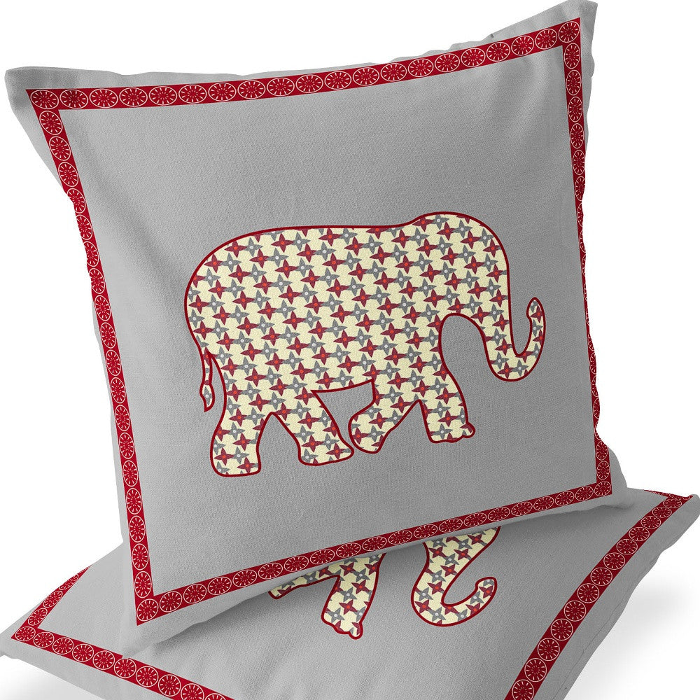 Set of Two 16" X 16" Gray and Red Elephant Blown Seam Animal Print Indoor Outdoor Throw Pillow