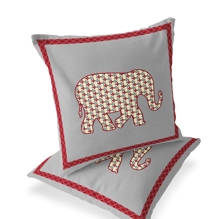 Set of Two 16" X 16" Gray and Red Elephant Blown Seam Animal Print Indoor Outdoor Throw Pillow