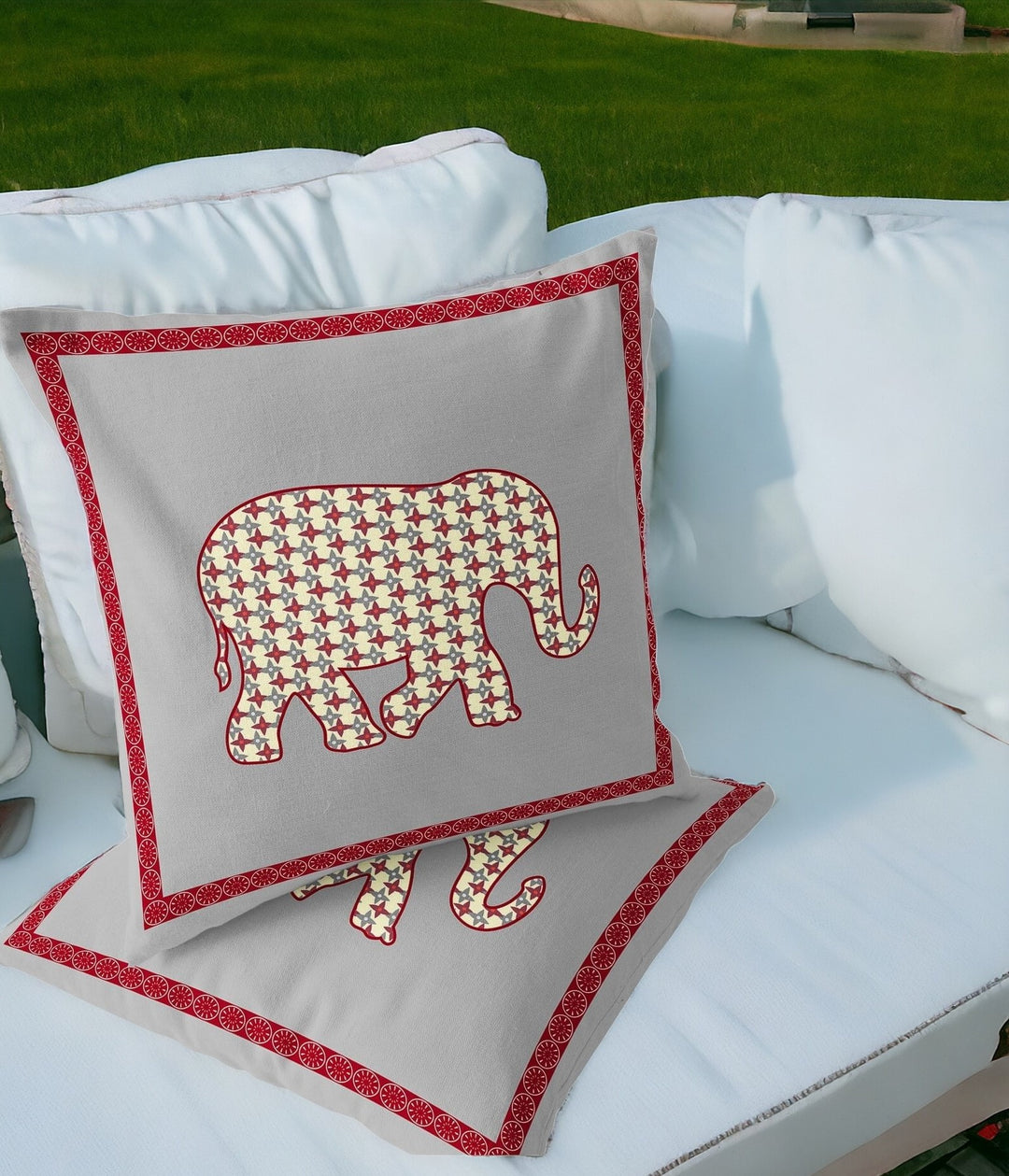 Set of Two 16" X 16" Gray and Red Elephant Blown Seam Animal Print Indoor Outdoor Throw Pillow