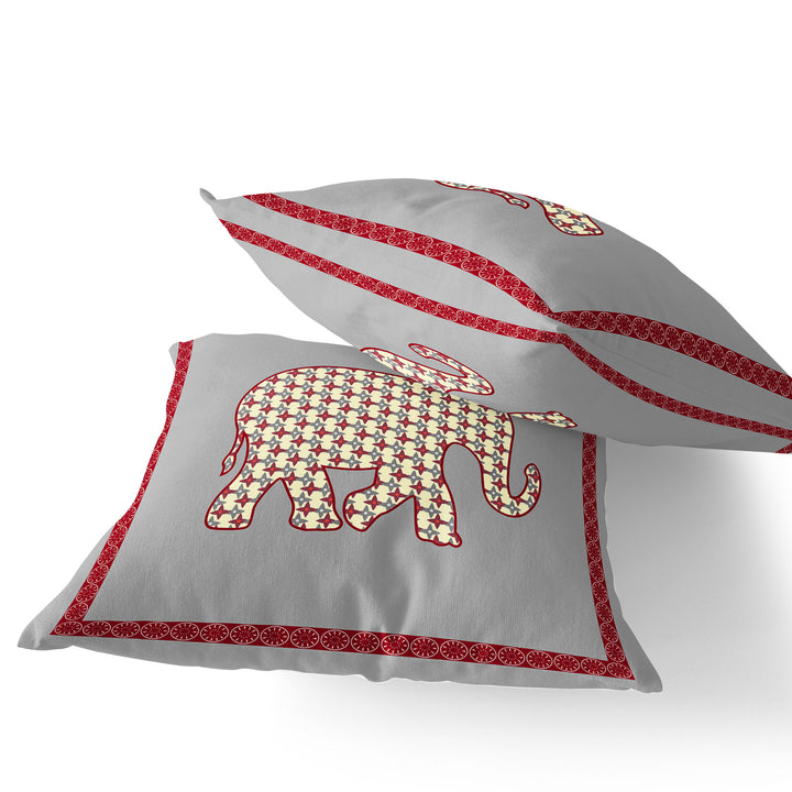 Set of Two 16" X 16" Gray and Red Elephant Blown Seam Animal Print Indoor Outdoor Throw Pillow