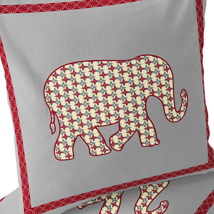 Set of Two 16" X 16" Gray and Red Elephant Blown Seam Animal Print Indoor Outdoor Throw Pillow