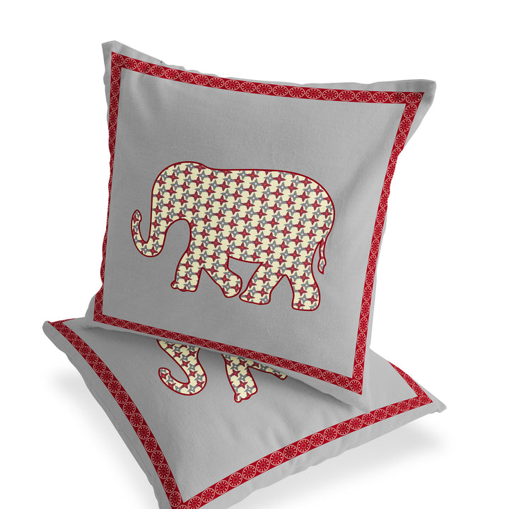 Set of Two 16" X 16" Gray and Red Elephant Blown Seam Animal Print Indoor Outdoor Throw Pillow