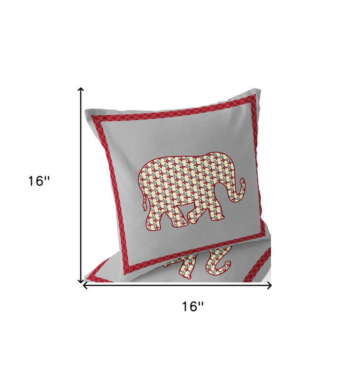 Set of Two 16" X 16" Gray and Red Elephant Blown Seam Animal Print Indoor Outdoor Throw Pillow