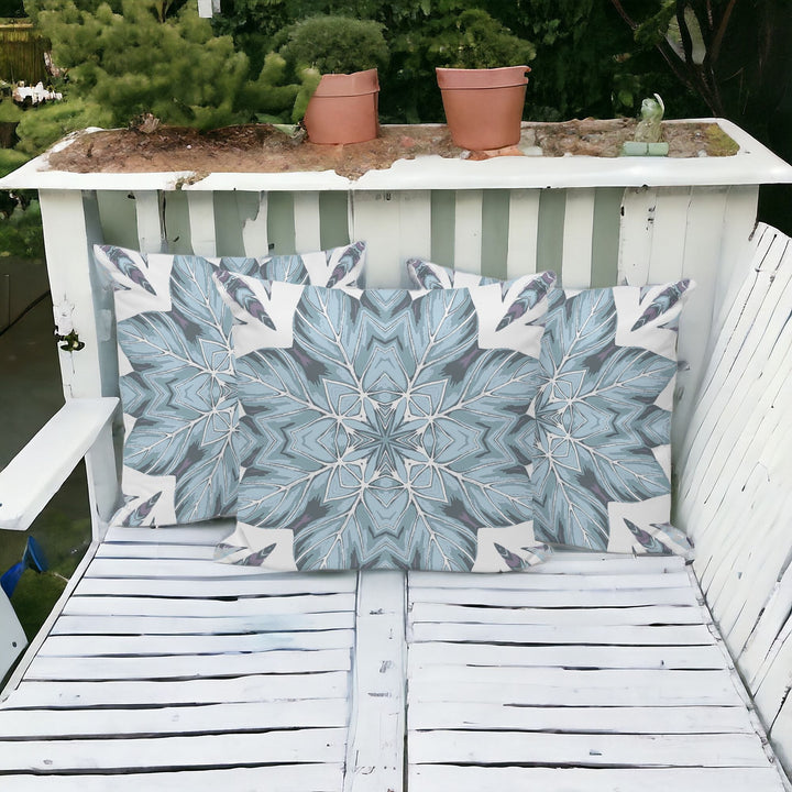 Set of Three 16" X 16" Blue and White Geometric Indoor Outdoor Throw Pillow