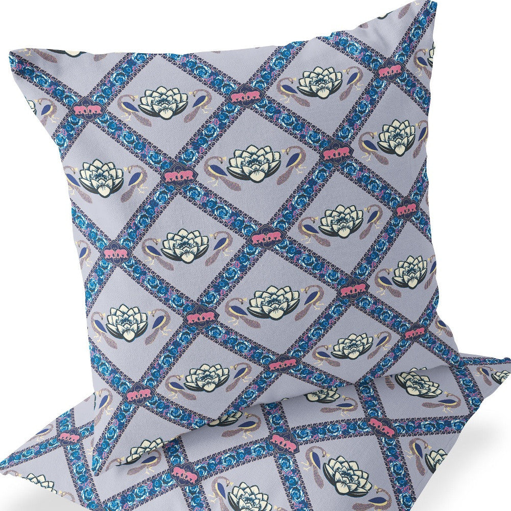 Set of Two 16" X 16" Blue and Gray Peacock Blown Seam Floral Indoor Outdoor Throw Pillow