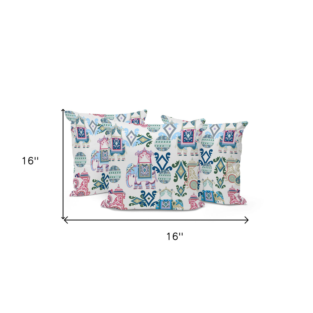 Set of Three 16" X 16" Pink and White Elephant Abstract Indoor Outdoor Throw Pillow