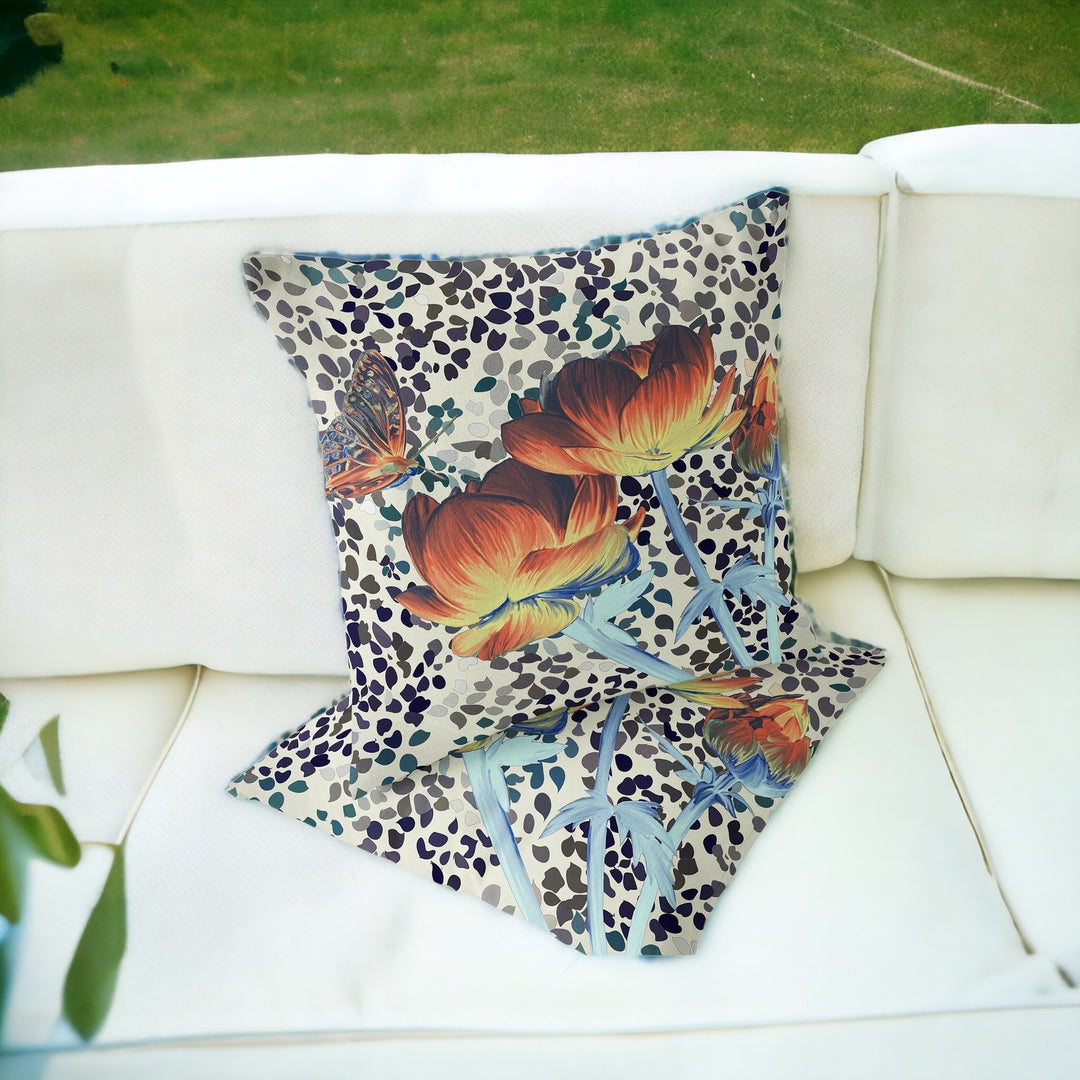 Set of Two 16" X 16" Blue and Orange Butterfly Blown Seam Floral Indoor Outdoor Throw Pillow